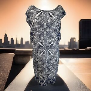London Style Collection Blue Black Paisley Print Blouson A-Line Dress Sz 10